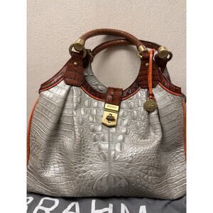 Brahmin Elisa Handbag Shoulder Purse in Ivory and Chestnut Croc-embossed Leather